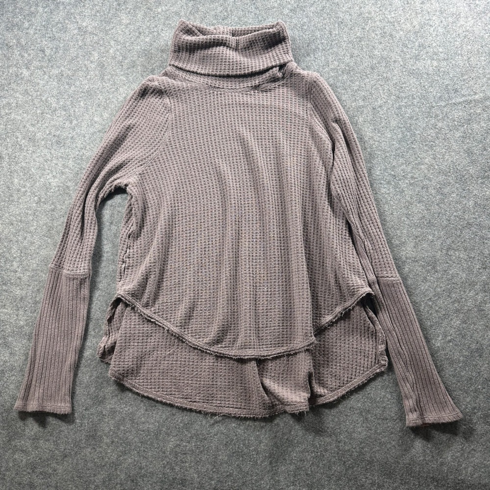 Free People Turtleneck Top Women Small Purple Waffle Knit Thermal High-Low Flaw
